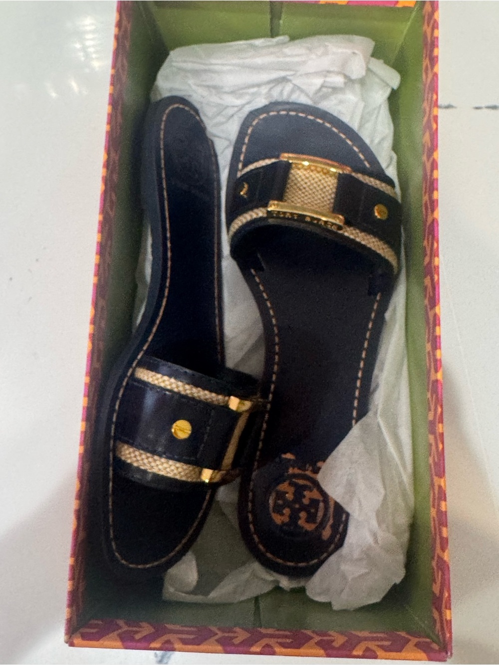Tory Burch Black Slide Sandal with Tan Logo Detailing